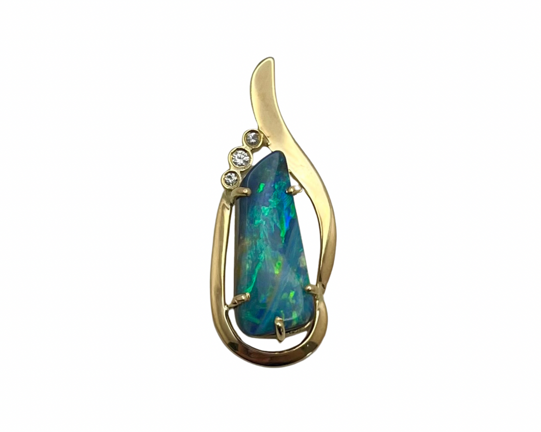 Freeform Boulder Opal Pendant with Diamond Accents - Yellow Gold