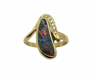 Freeform Boulder Opal Ring with Diamond Accents - Yellow Gold