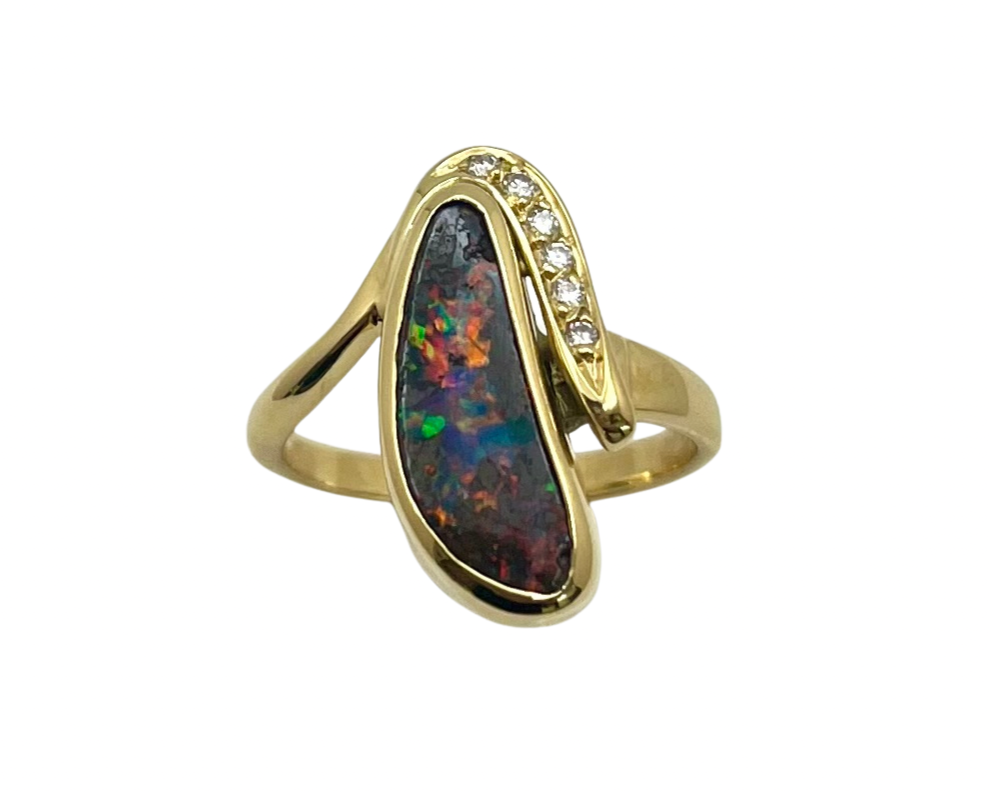 Freeform Boulder Opal Ring with Diamond Accents - Yellow Gold