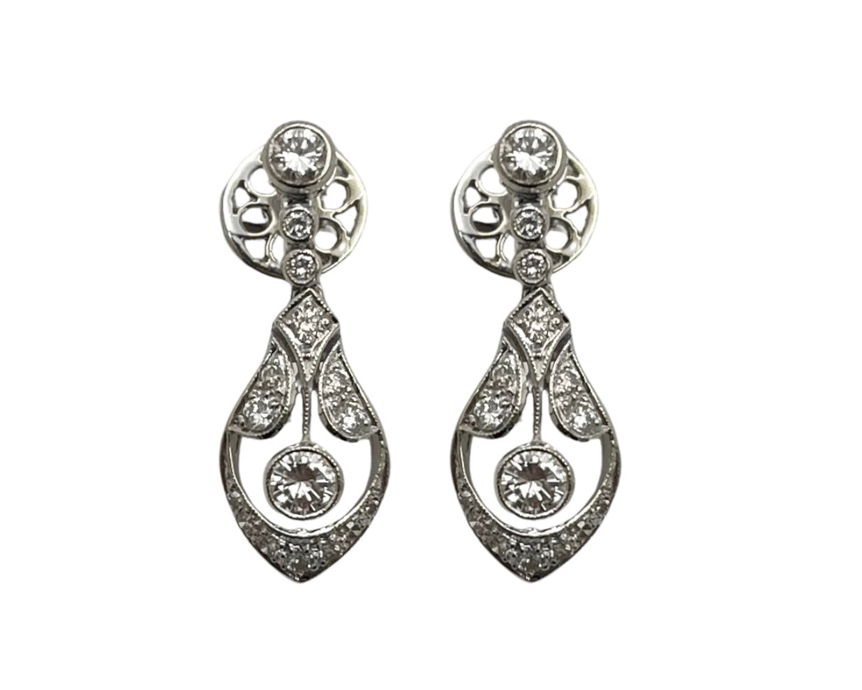 Art Deco Style Diamond Dangle Earrings - White Gold
