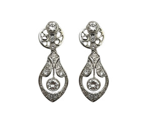 Art Deco Style Diamond Dangle Earrings - White Gold