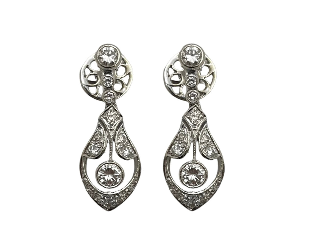 Art Deco Style Diamond Dangle Earrings - White Gold