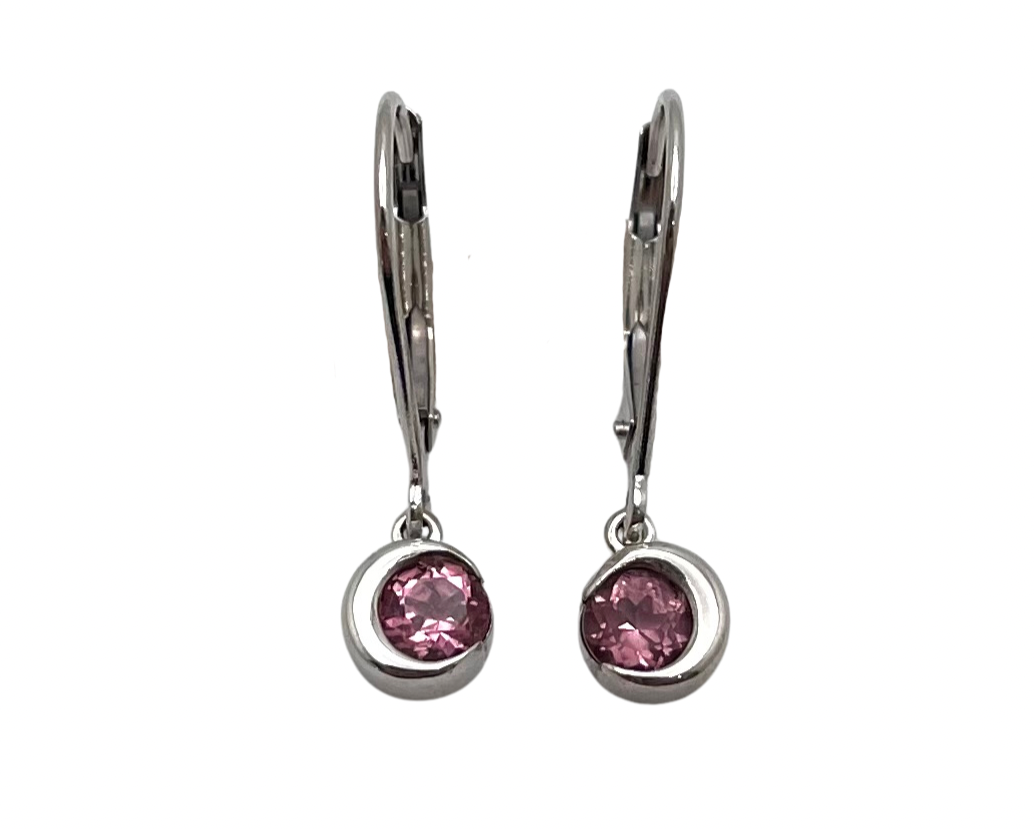 Crescent Moon Dangle Earrings with Pink Tourmaline - White Gold
