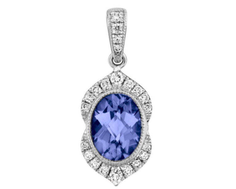 1.25ct Oval Tanzanite Pendant with Pave Diamond Accents - White Gold