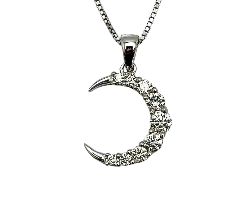 Diamond Crescent Moon Pendant - White Gold