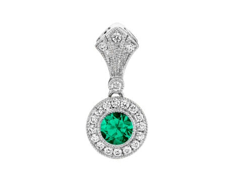 Emerald Pendant with Diamonds and Milgrain Detailing - White Gold