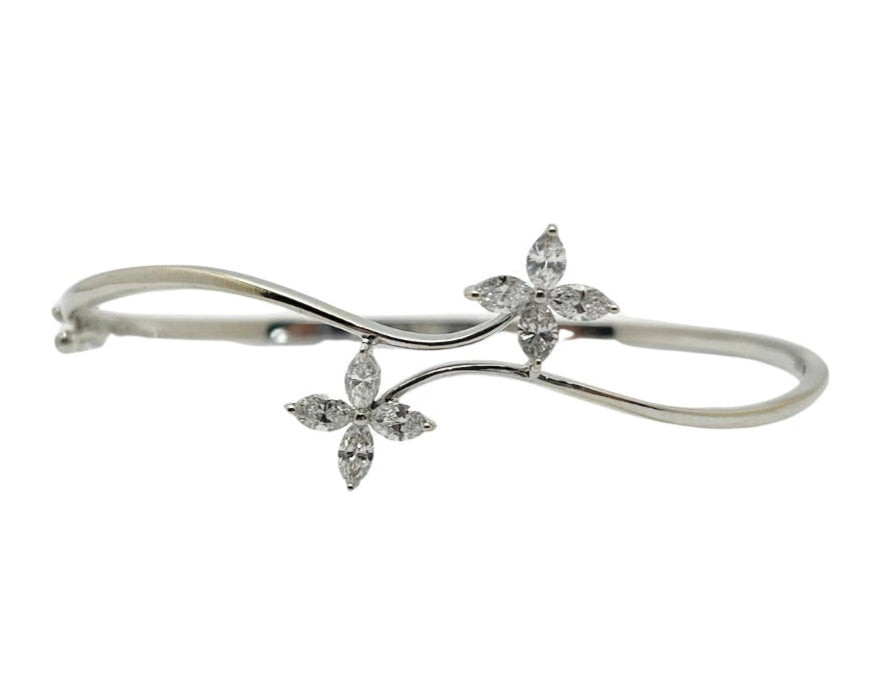 Flower Diamond Hinged Bangle Bracelet - White Gold