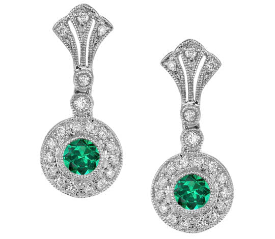 Emerald Earrings with Diamonds and Milgrain Detailing - White Gold