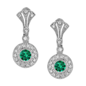Emerald Earrings with Diamonds and Milgrain Detailing - White Gold