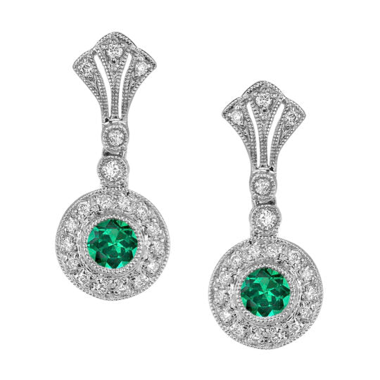 Emerald Earrings with Diamonds and Milgrain Detailing - White Gold