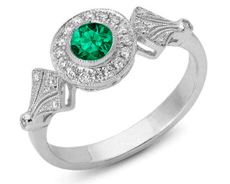 Emerald Ring with Diamonds and Milgrain Detailing - White Gold