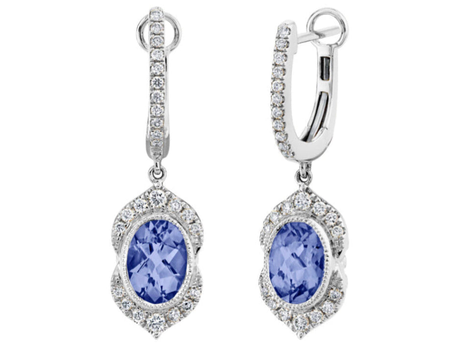 Oval Tanzanite Dangle Earrings with Pave Diamond Accents - White Gold
