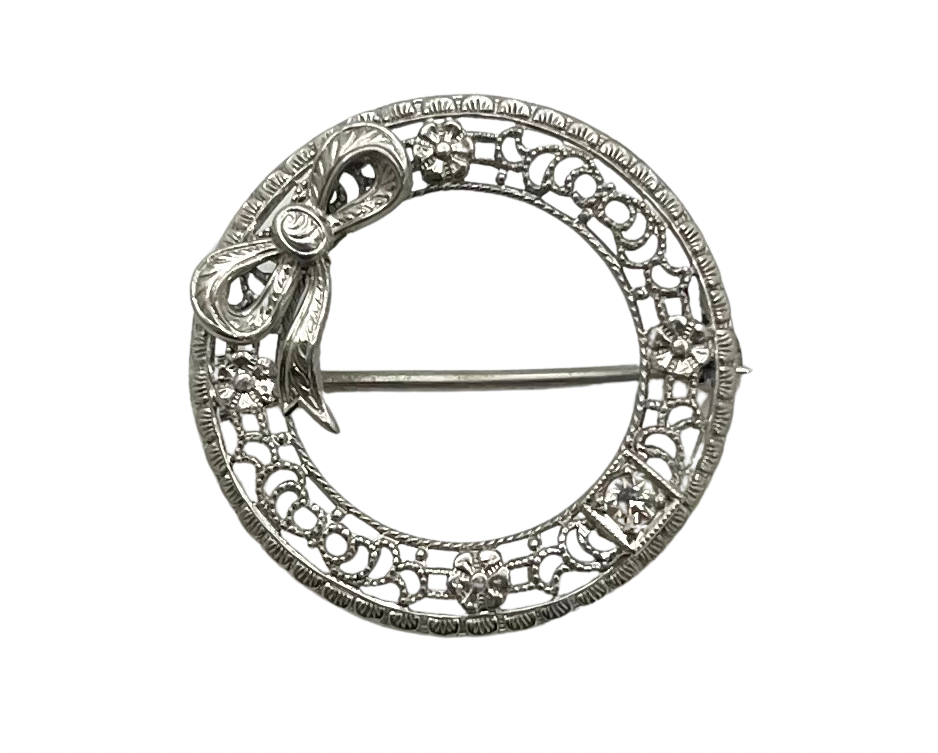 Filigree Wreath Brooch with Diamond Accent - White Gold