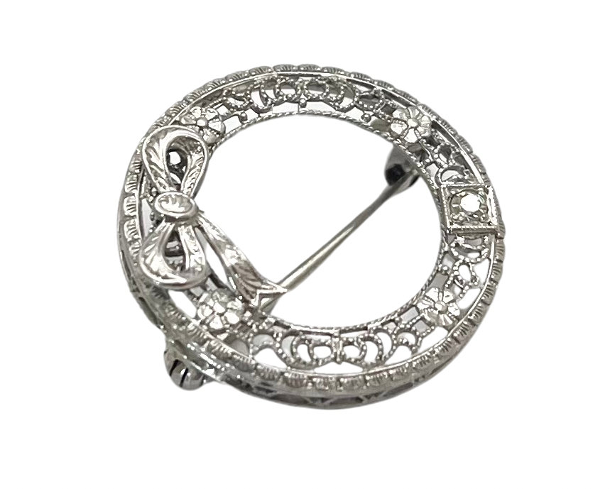 Filigree Wreath Brooch with Diamond Accent - White Gold
