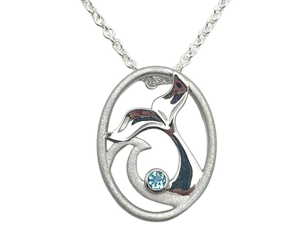 Whale Tail & Wave Pendant with Blue Topaz - Silver