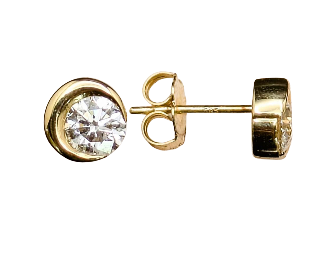 Crescent Moon Stud Earrings with Diamonds - Yellow Gold
