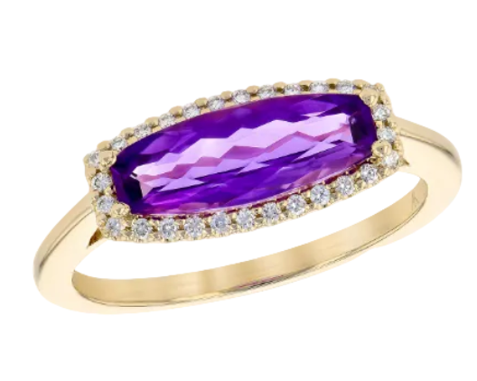 Rectangular Amethyst Ring with Diamond Halo - Yellow Gold