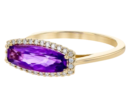Rectangular Amethyst Ring with Diamond Halo - Yellow Gold