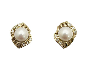 Pearl Earrings with Pave Diamond Accents - Yellow Gold
