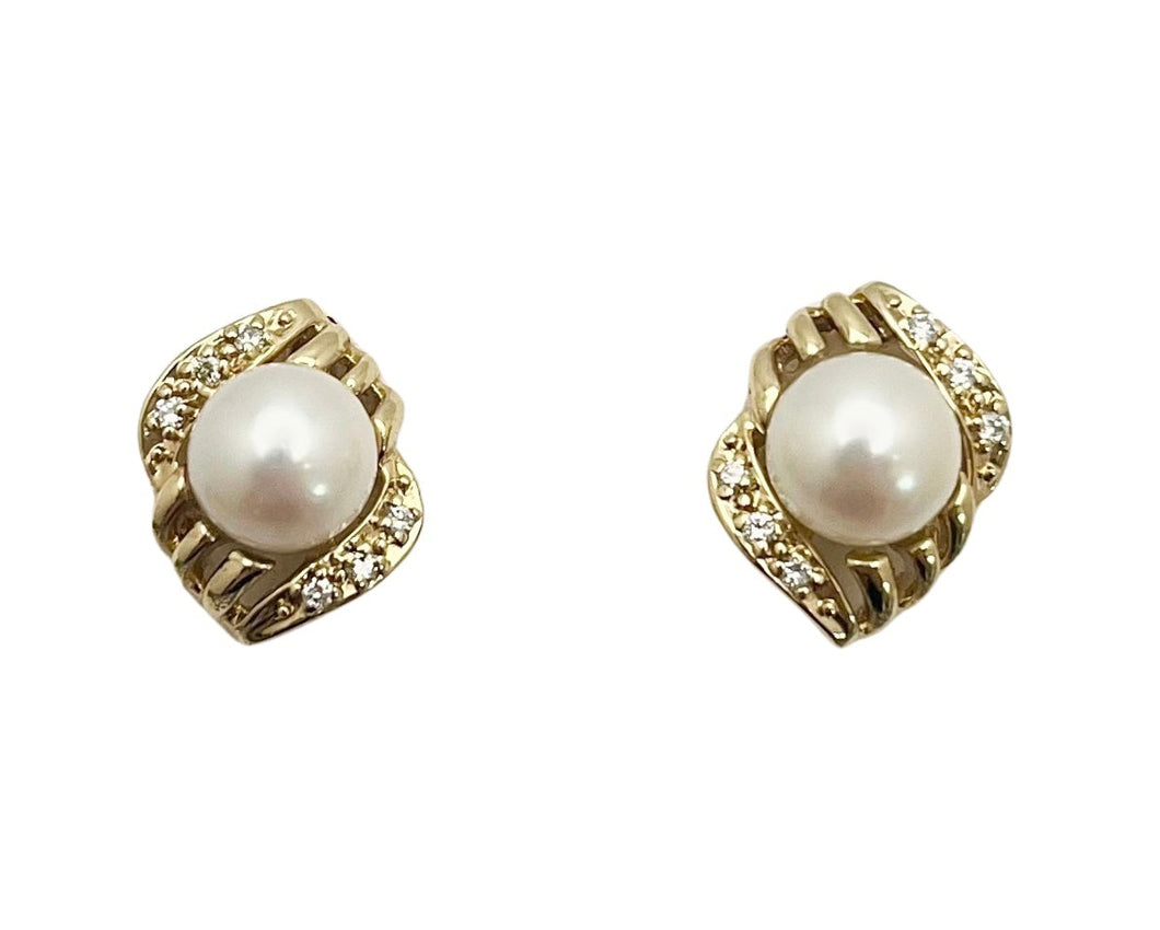 Pearl Earrings with Pave Diamond Accents - Yellow Gold