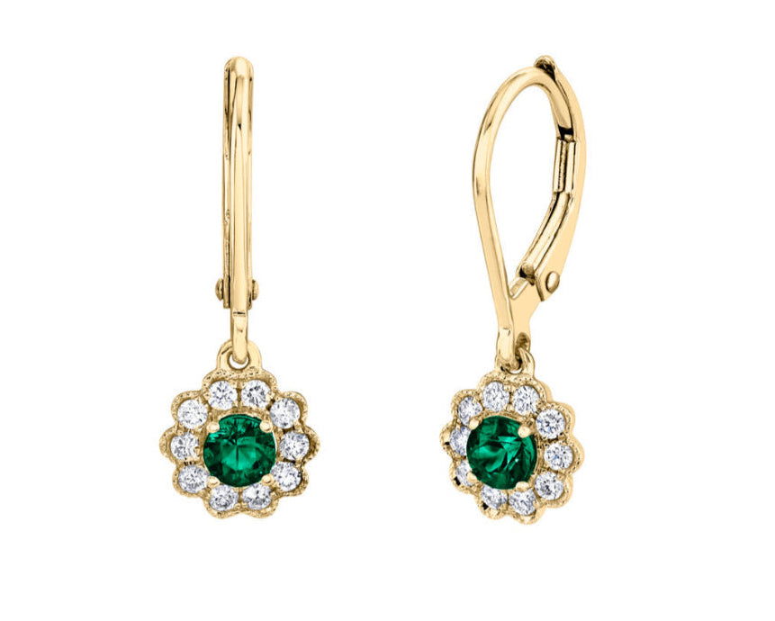 Emerald Dangle Earrings with Scalloped Diamond Halo - Yellow Gold