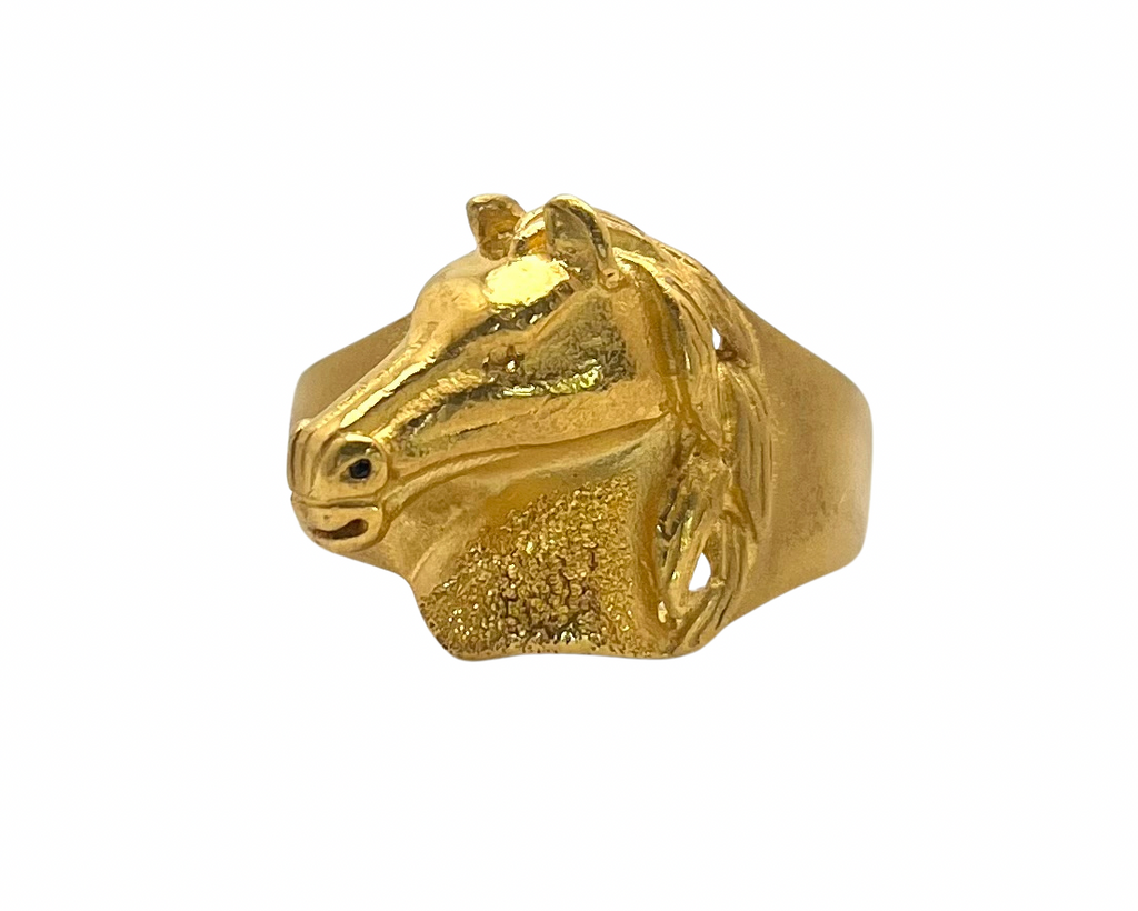 Horse Head Ring with Satin Texture Shank - Yellow Gold