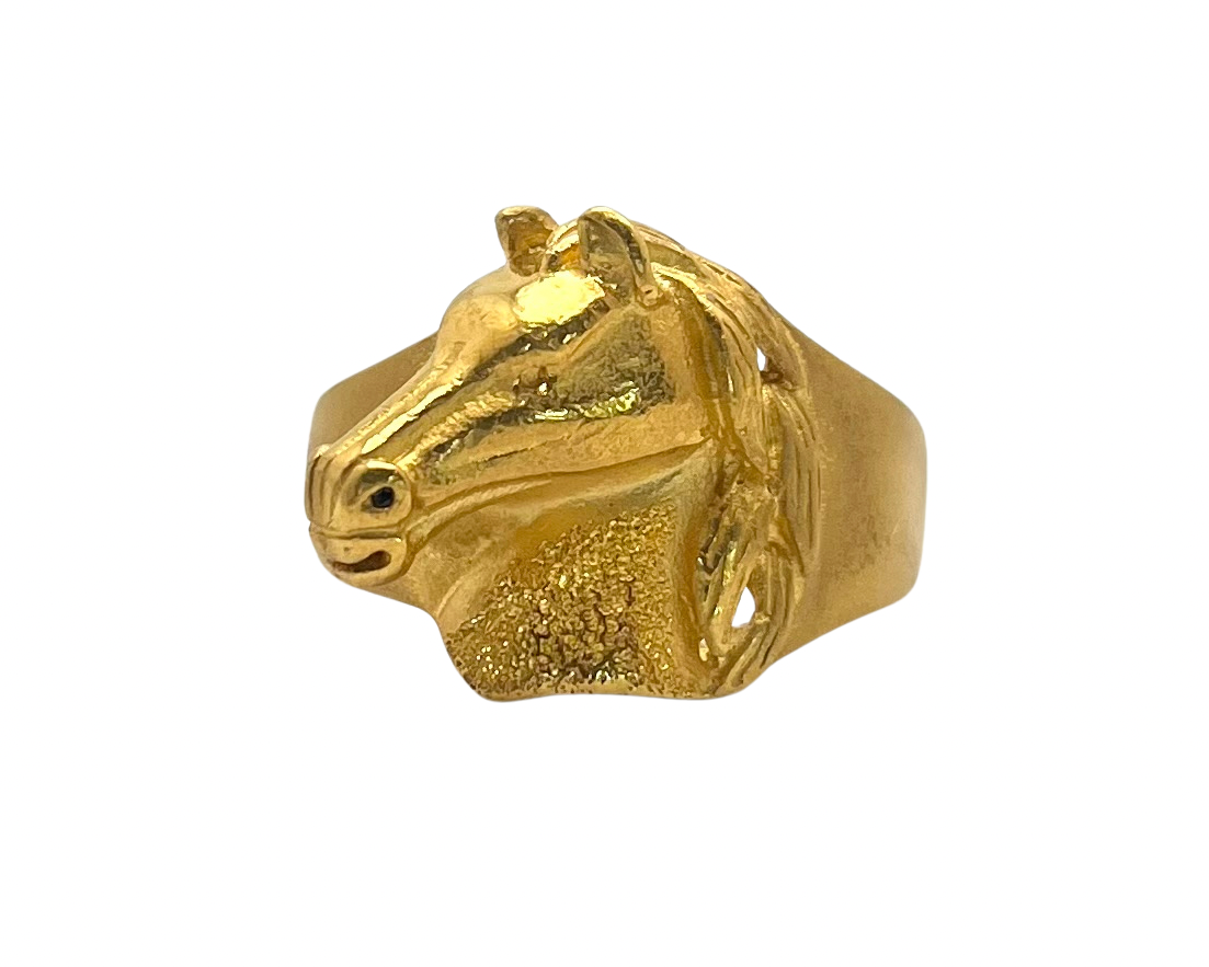 Horse Head Ring with Satin Texture Shank - Yellow Gold