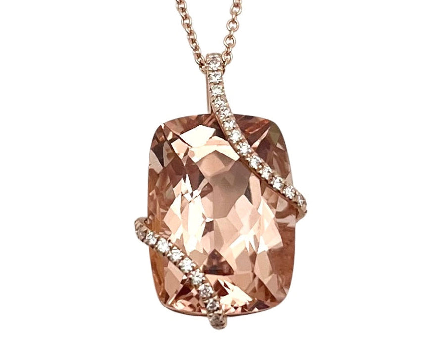 Morganite Pendant with Pave Diamond Overlap Design - Rose Gold