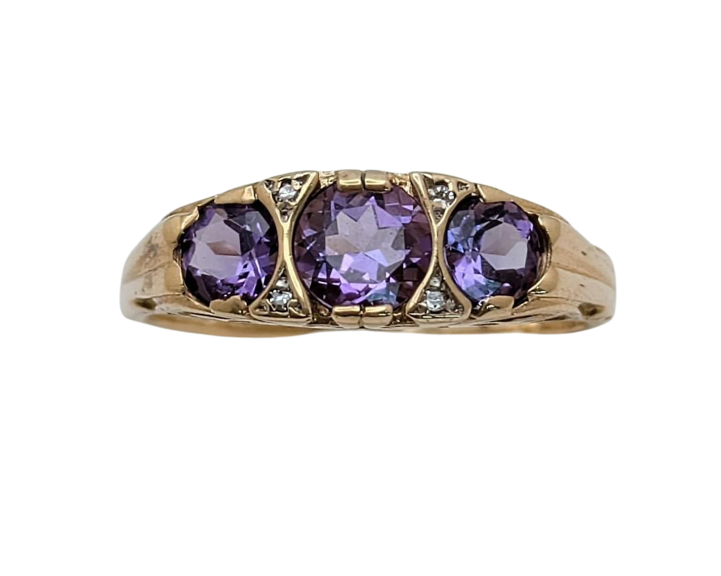 3 Stone Amethyst Filigree Ring with Accenting Diamonds - Yellow Gold