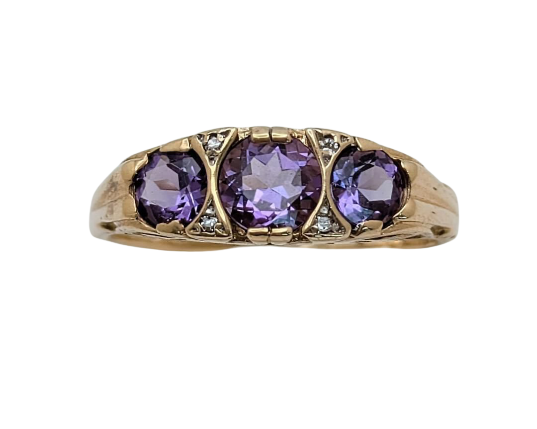 3 Stone Amethyst Filigree Ring with Accenting Diamonds - Yellow Gold
