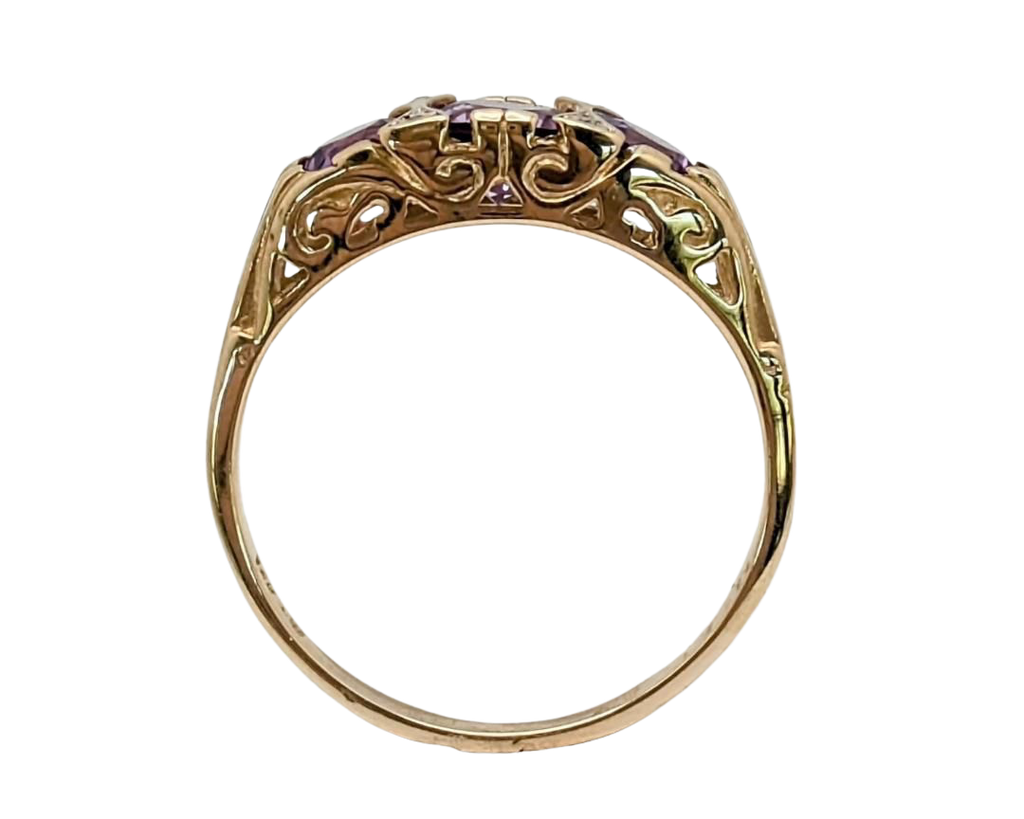 3 Stone Amethyst Filigree Ring with Accenting Diamonds - Yellow Gold