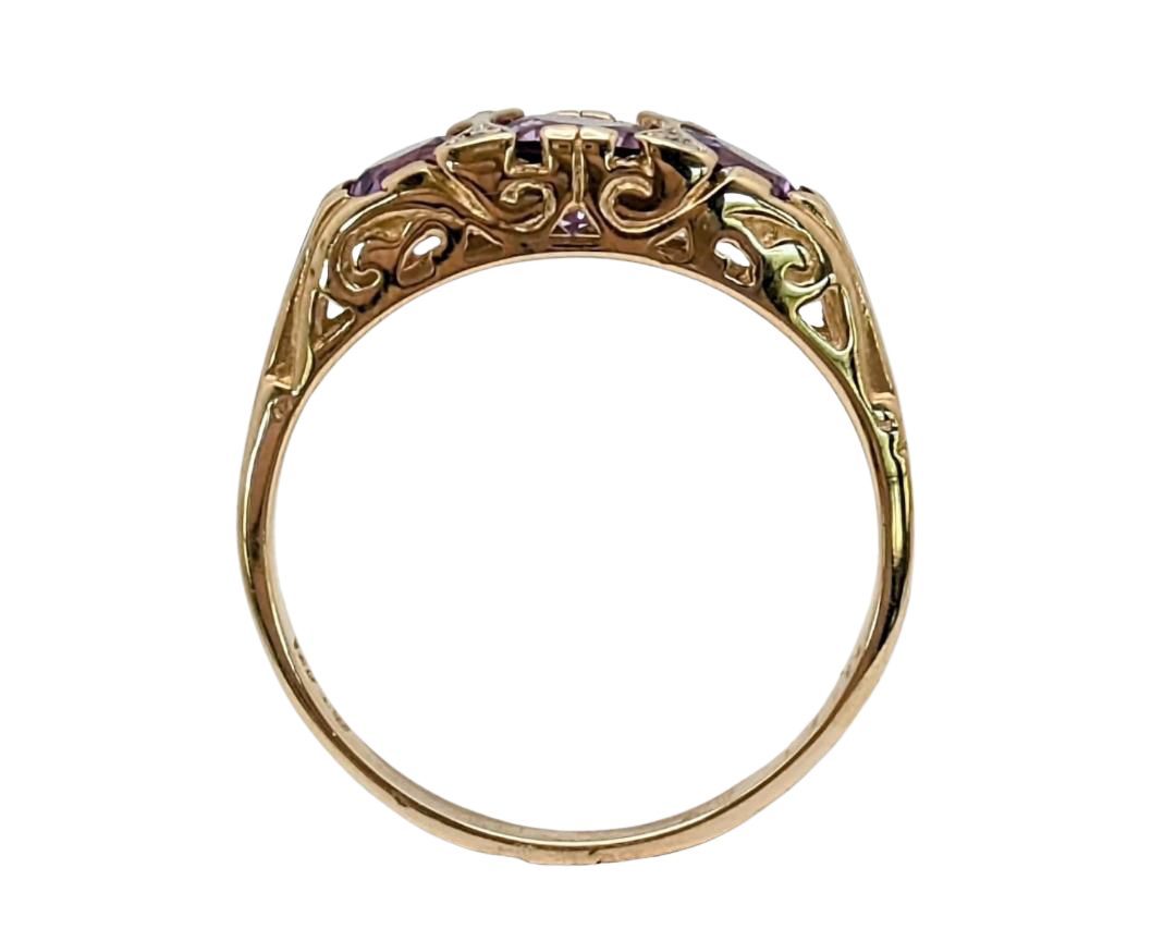 3 Stone Amethyst Filigree Ring with Accenting Diamonds - Yellow Gold