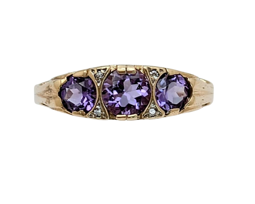 3 Stone Amethyst Filigree Ring with Accenting Diamonds - Yellow Gold