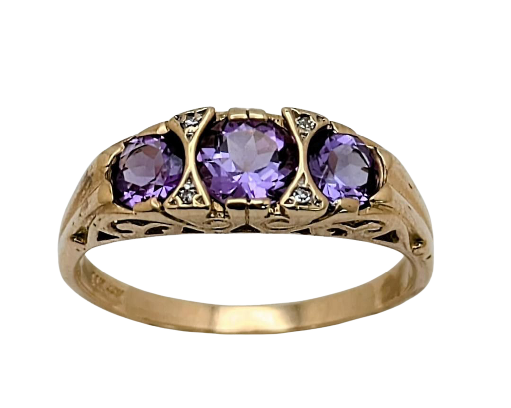 3 Stone Amethyst Filigree Ring with Accenting Diamonds - Yellow Gold