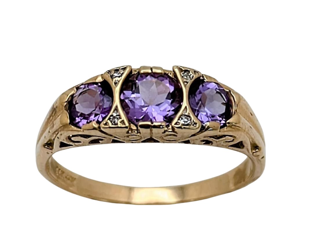 3 Stone Amethyst Filigree Ring with Accenting Diamonds - Yellow Gold