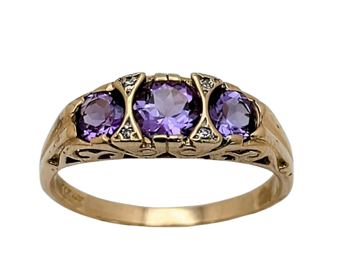 3 Stone Amethyst Filigree Ring with Accenting Diamonds - Yellow Gold