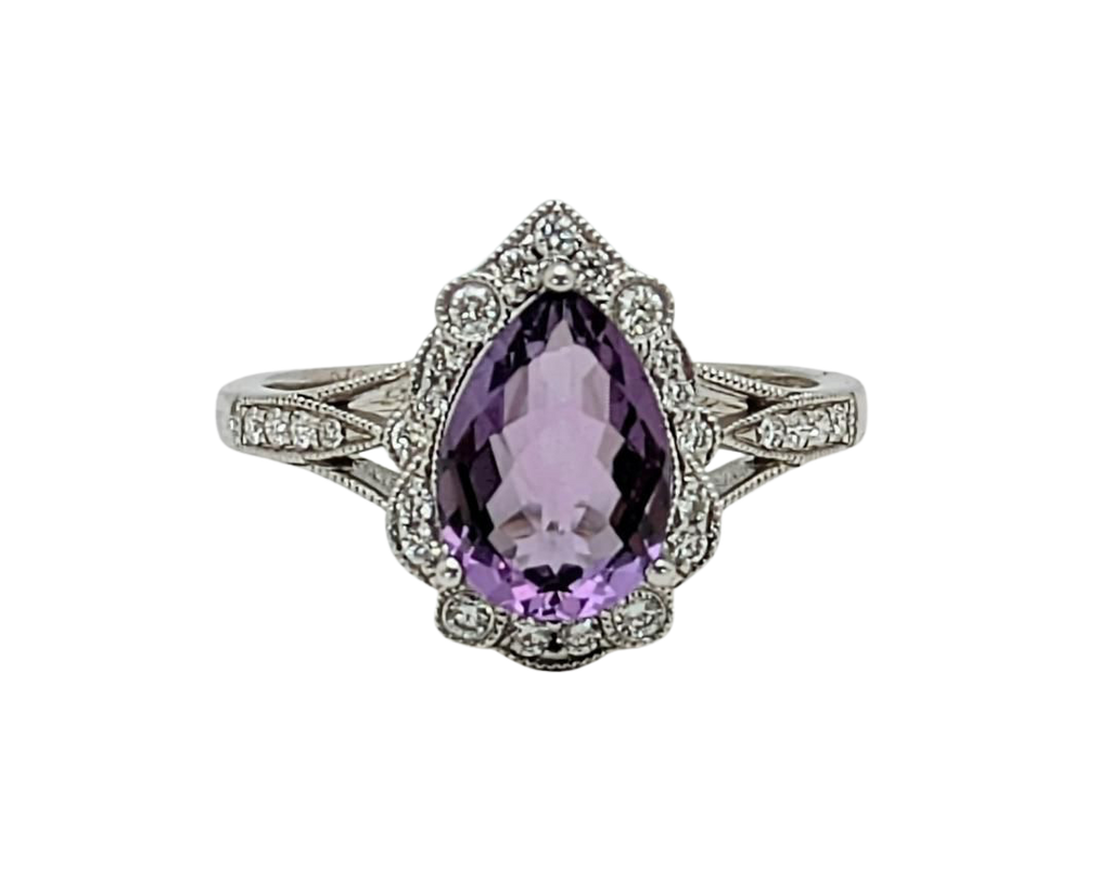 Amethyst Ring With Milgain Detail and Diamond Accented Shank - White Gold