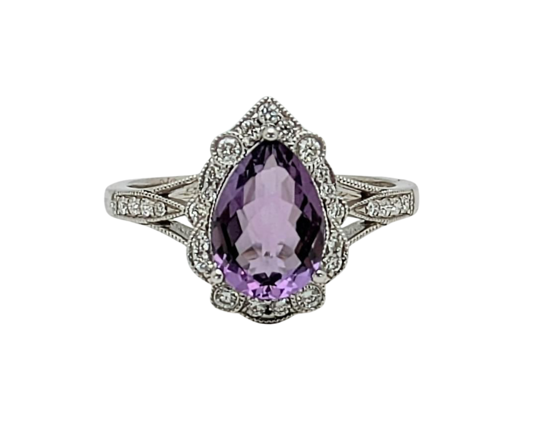 Amethyst Ring With Milgain Detail and Diamond Accented Shank - White Gold