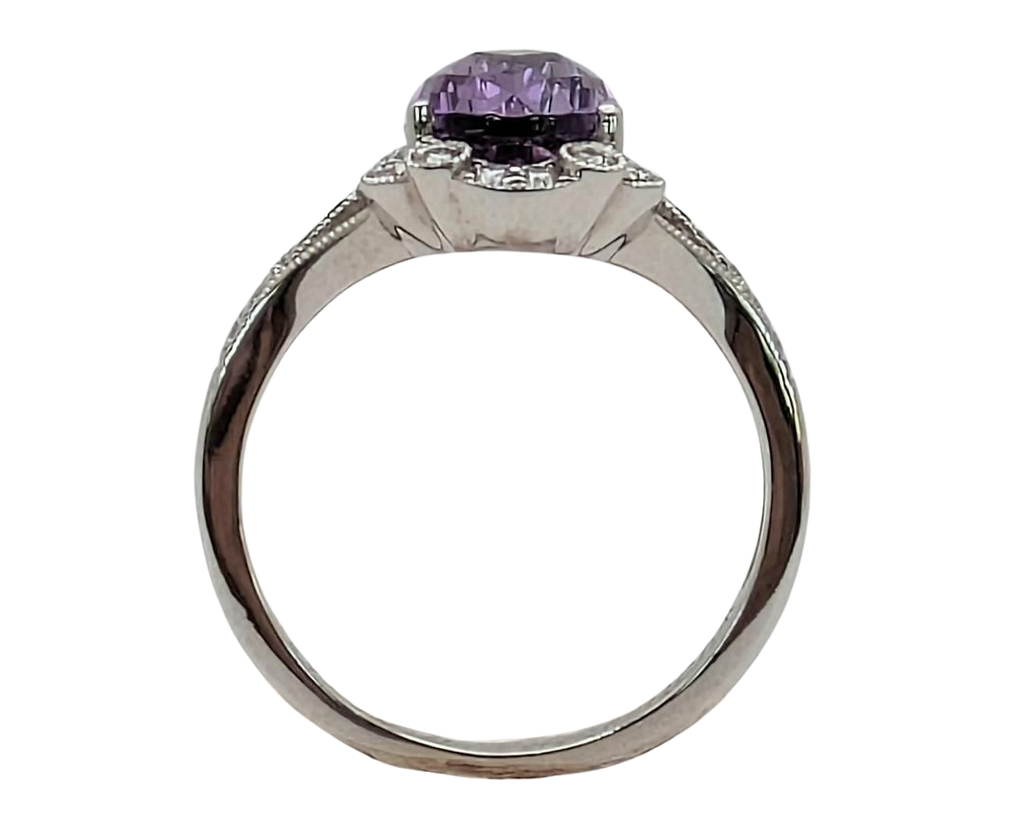 Amethyst Ring With Milgain Detail and Diamond Accented Shank - White Gold