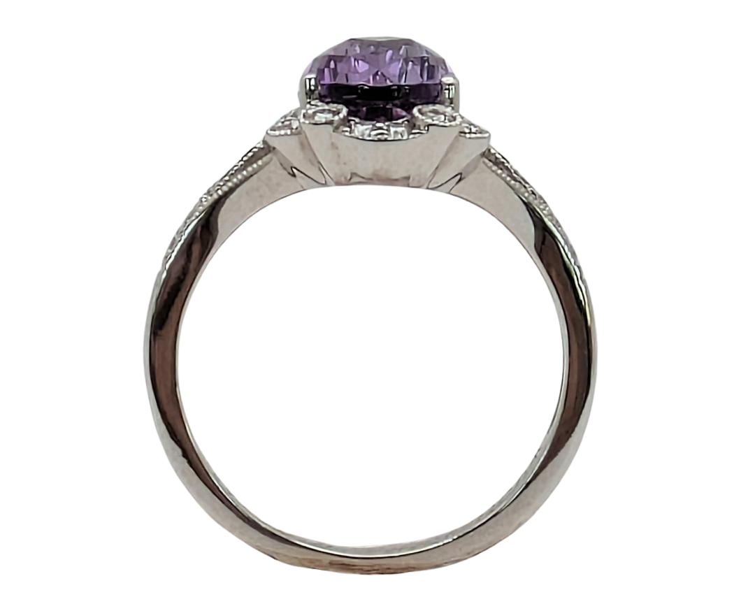 Amethyst Ring With Milgain Detail and Diamond Accented Shank - White Gold