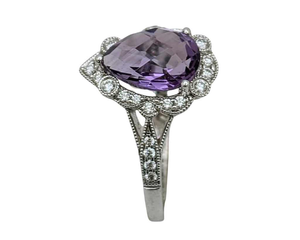 Amethyst Ring With Milgain Detail and Diamond Accented Shank - White Gold