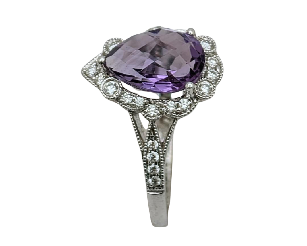 Amethyst Ring With Milgain Detail and Diamond Accented Shank - White Gold