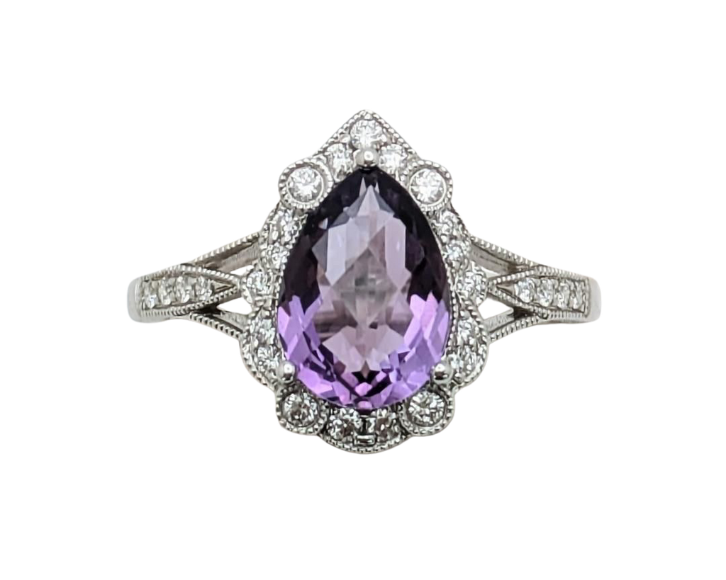 Amethyst Ring With Milgain Detail and Diamond Accented Shank - White Gold