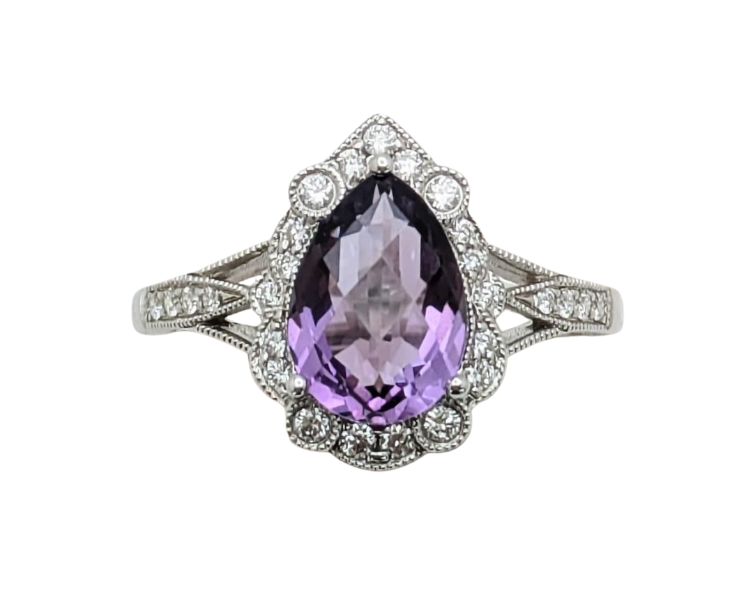 Amethyst Ring With Milgain Detail and Diamond Accented Shank - White Gold