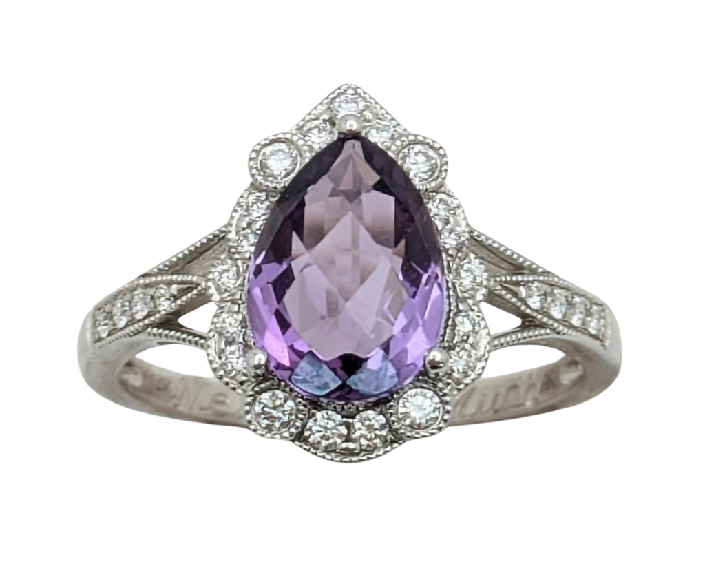 Amethyst Ring With Milgain Detail and Diamond Accented Shank - White Gold