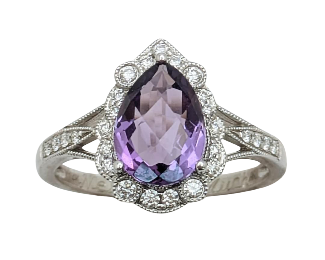 Amethyst Ring With Milgain Detail and Diamond Accented Shank - White Gold