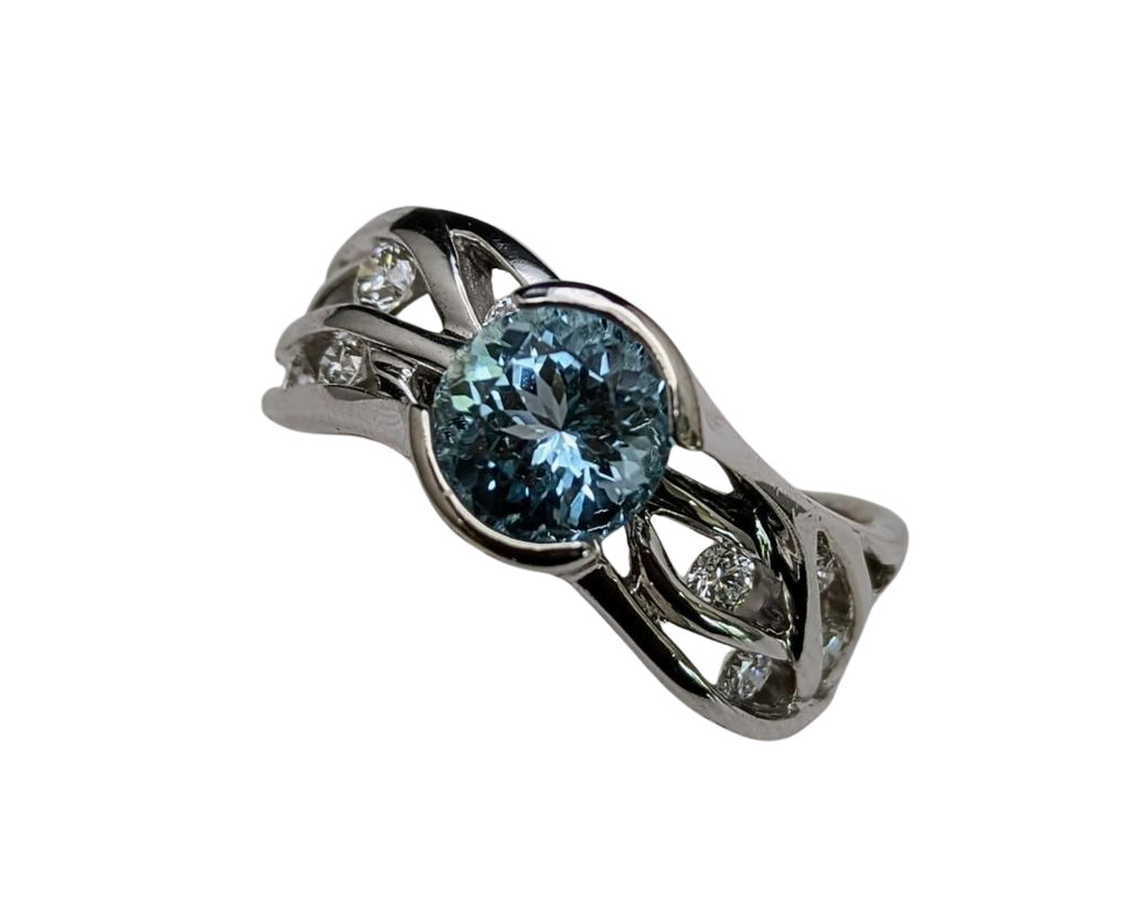 Aquamarine Free Form Vine Ring - White Gold