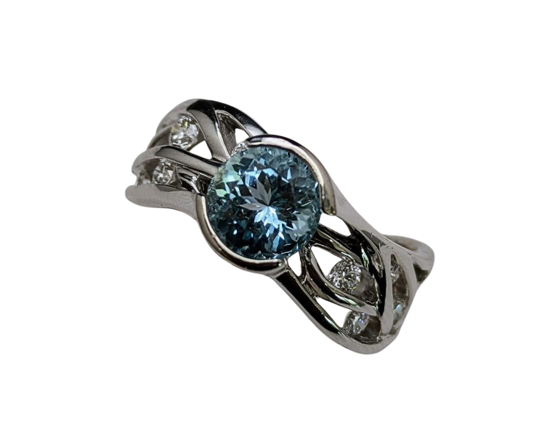 Aquamarine Free Form Vine Ring - White Gold