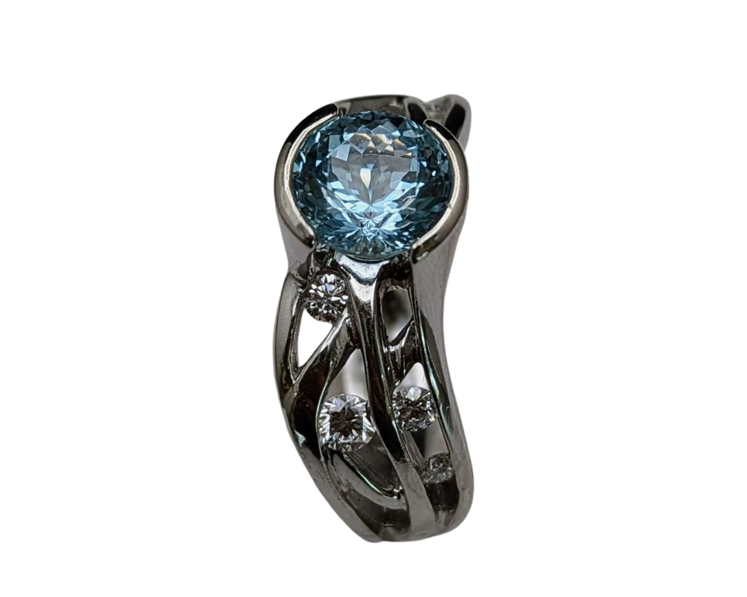 Aquamarine Free Form Vine Ring - White Gold