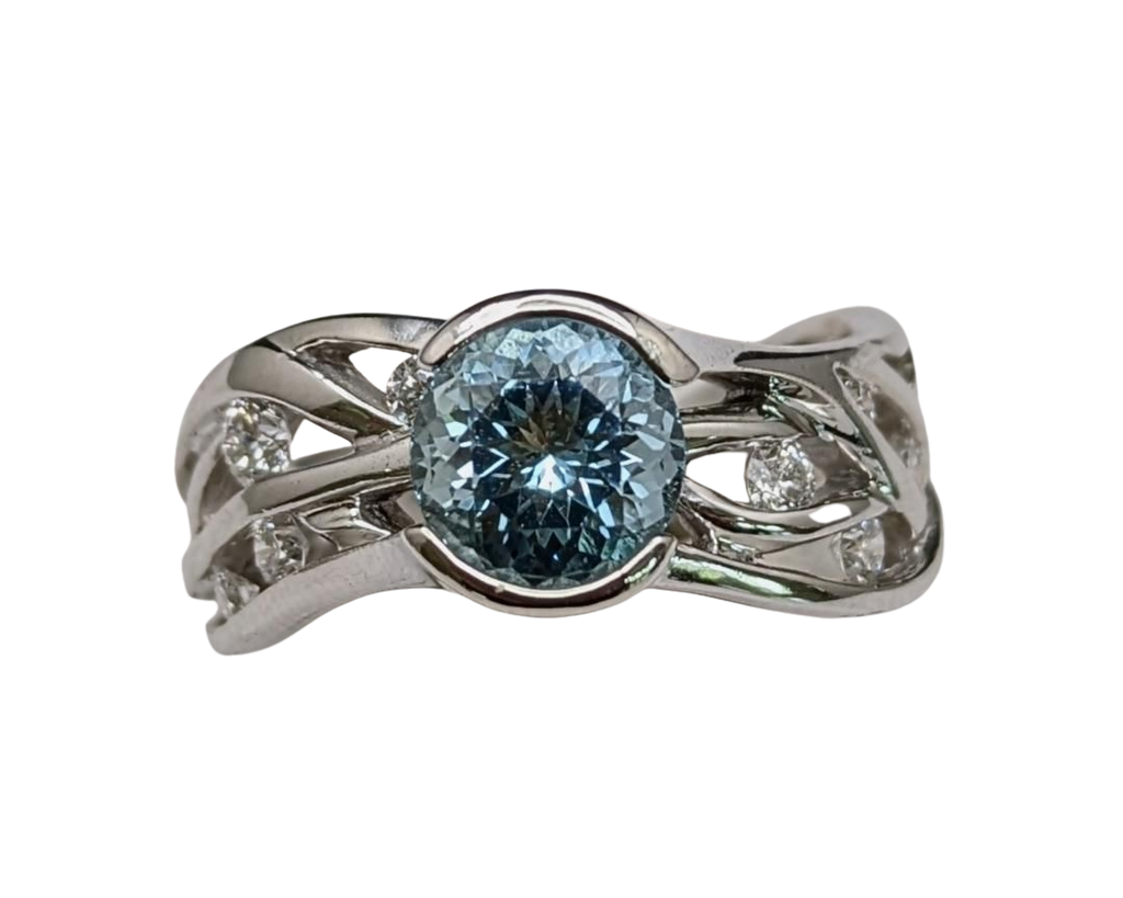 Aquamarine Free Form Vine Ring - White Gold